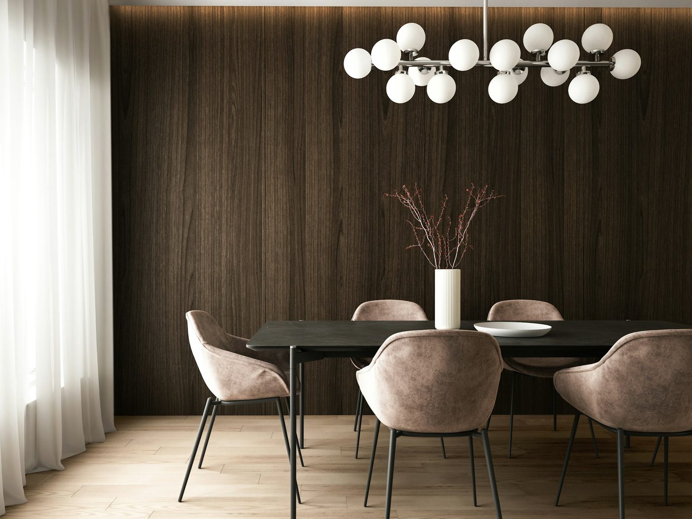 Warm walnut-panelled dining room with a sculptural pendant light and upholstered chairs